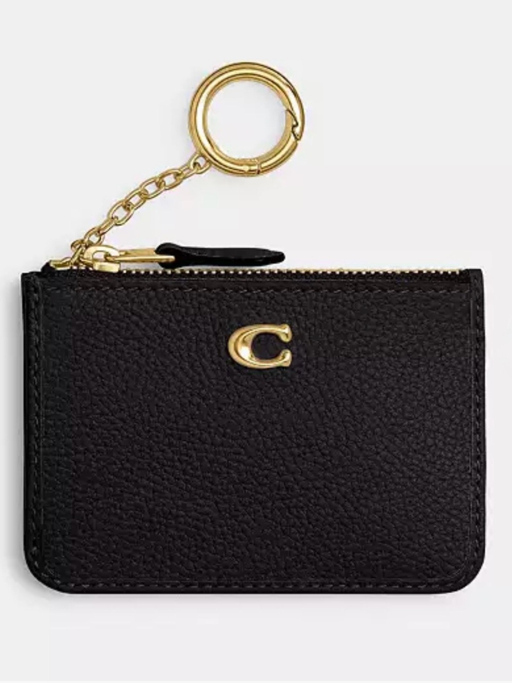 NWT Coach Essential Mini Black Leather ID Zip Card Case Coin Purse with Keychain